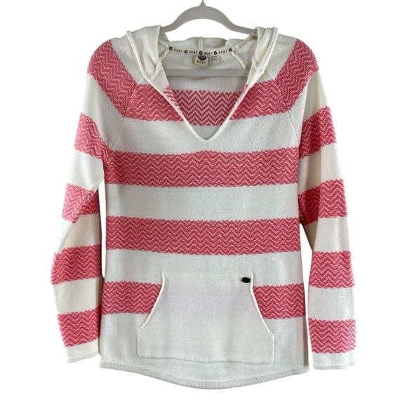 Roxy Women’s Pink Cream Ribbed V Neck Relaxed Fit Hooded Sweater Sz M - Picture 1 of 13